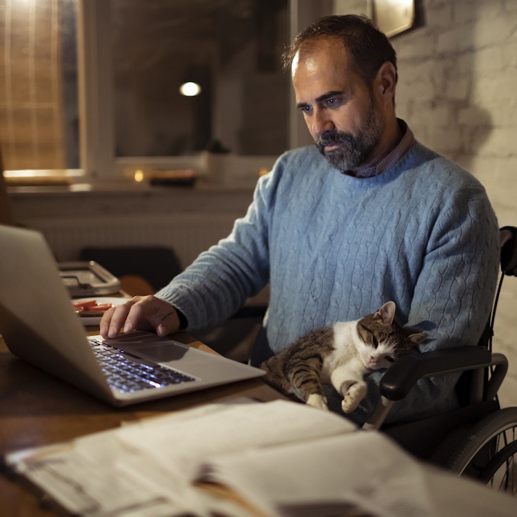 Cat having a cuddle with their owner whilst he works on a laptop - Agria Pet Insurance